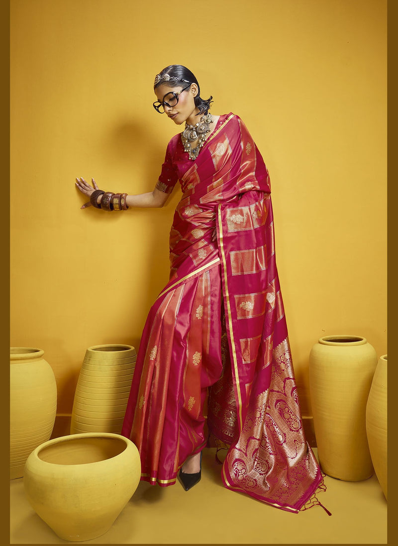 Crimson red silk saree with gold zari floral butis and gold border. Elegant Indian ethnic wear for weddings and engagements. Bollywood4u Australia.