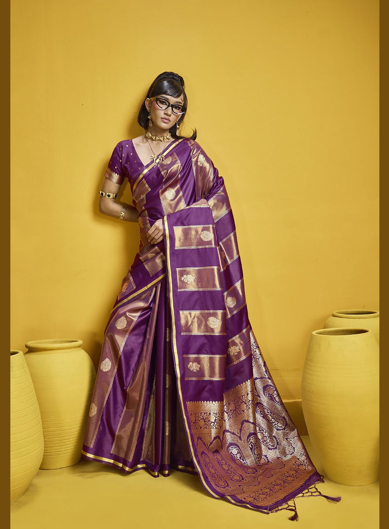 : Amethyst purple silk saree with gold zari panels and floral butis. Heritage craftsmanship for weddings and celebrations. Bollywood4u Australia.