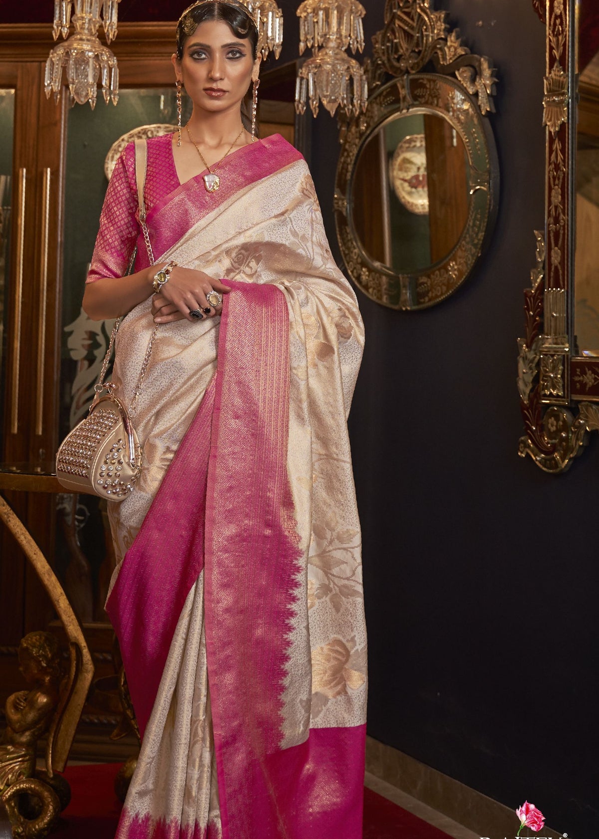  pink and white saree shimmer silk saree with elegant shimmer, perfect for weddings and festive occasions