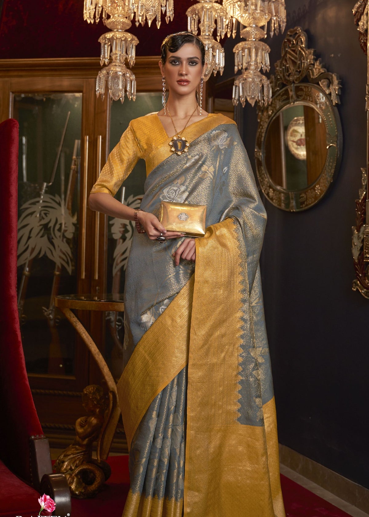 Luxury shimmer silk saree in vibrant hues, suitable for receptions, parties, and Bollywood celebrations