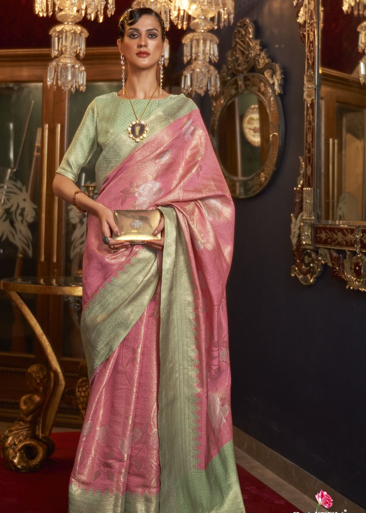 Designer shimmer silk saree in bold festive colours, ideal for weddings, ceremonies, and Bollywood fashion looks