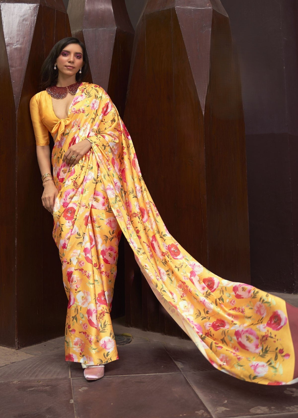 Red and gold yellow satin organza saree with intricate motifs—perfect for Diwali, weddings, and festive evenings
