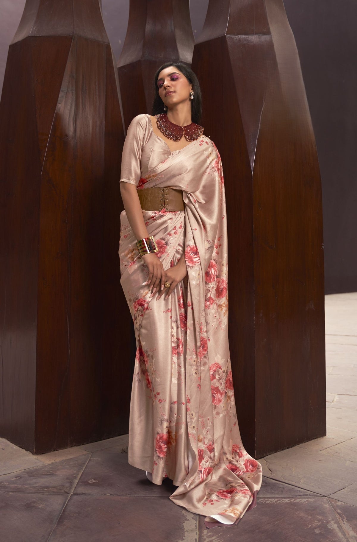 Beige silk saree with pink floral print—earthy elegance for Karva Chauth, festive dinners, and wedding guests