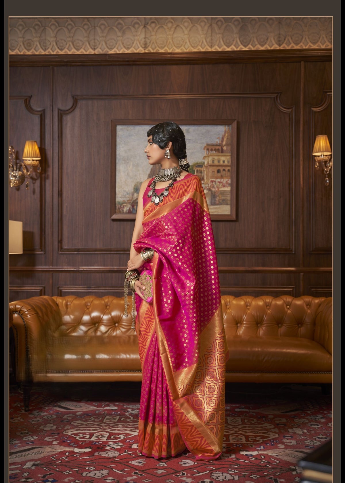 Pink Kazah Silk saree with gold polka dots and intricate golden-orange border, high‑shine silk texture, perfect for bridal events and festive occasions