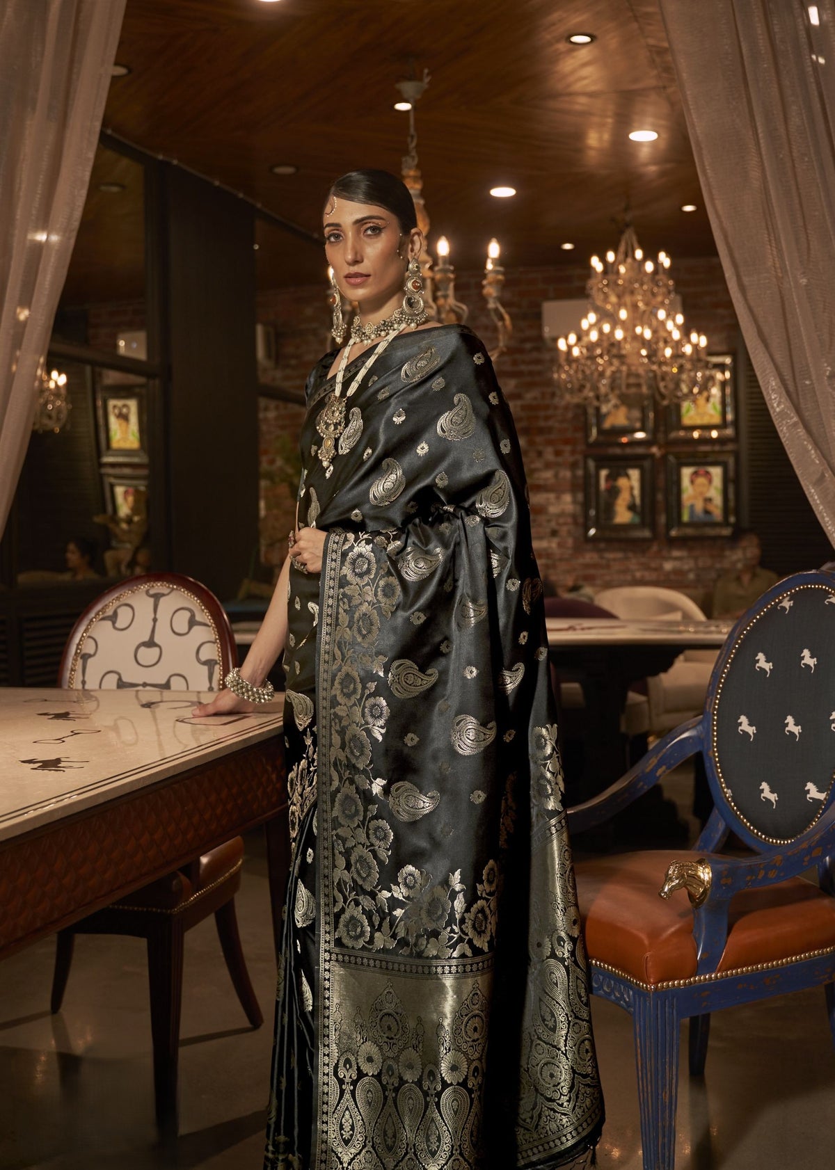 Black Banarasi silk saree with gold and silver zari motifs
