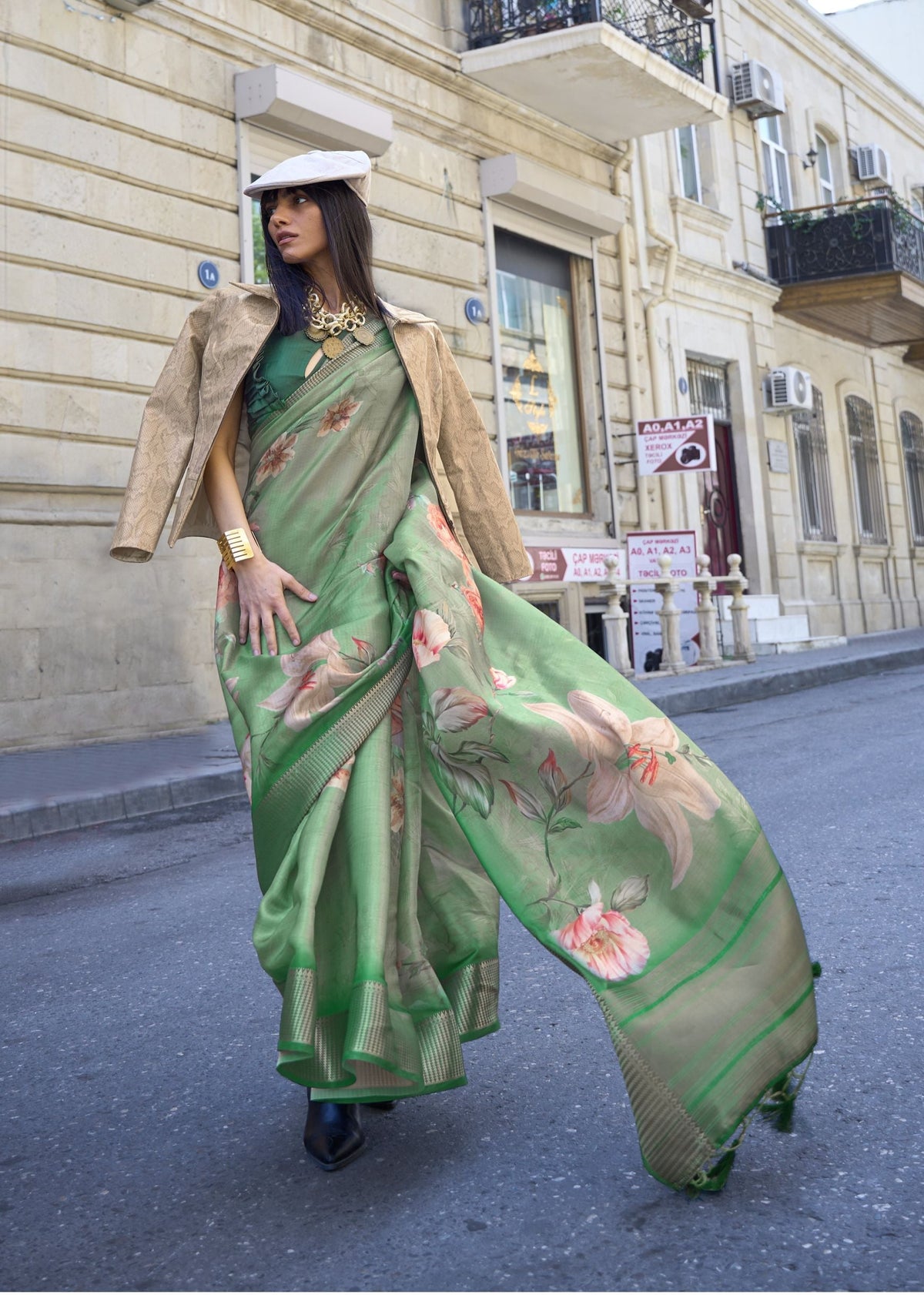 floral designer saree tissue silk printed zari border 