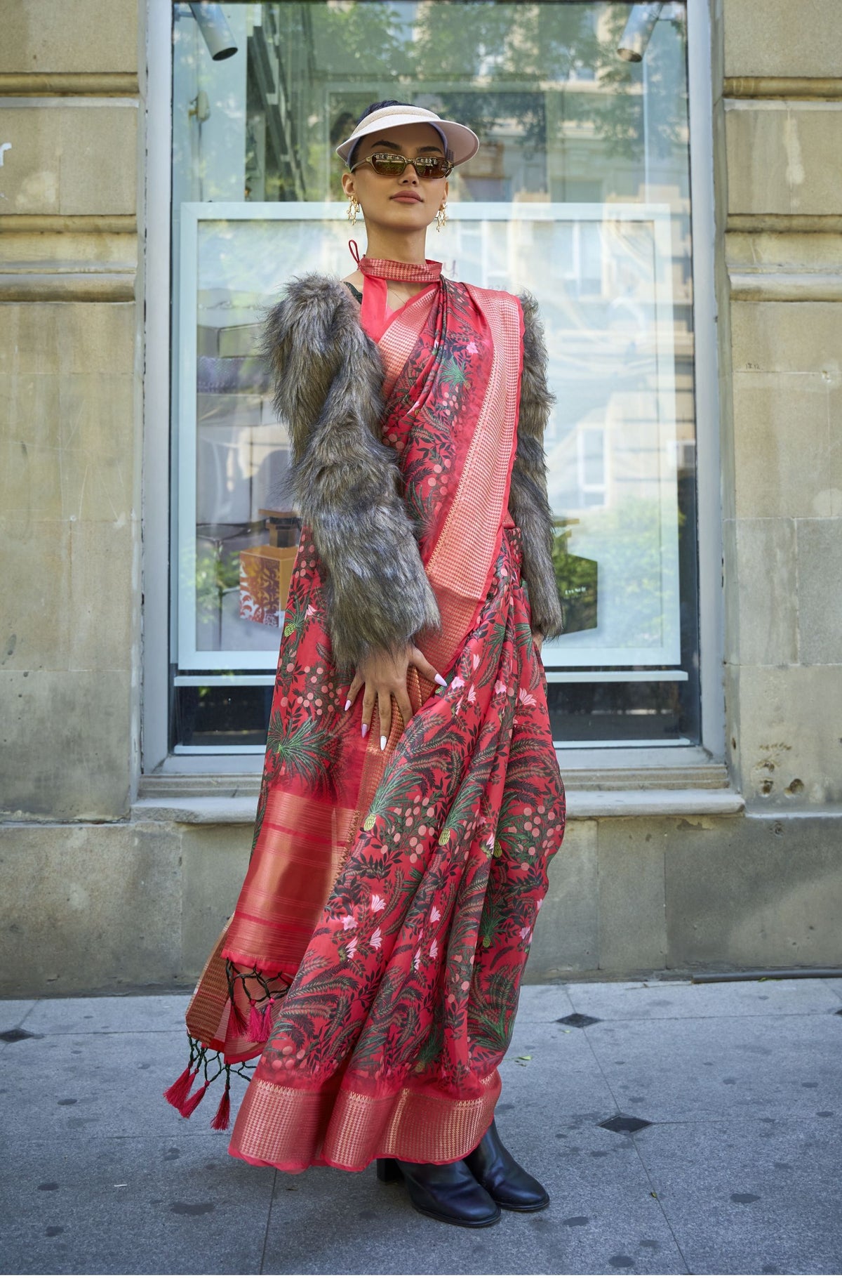 floral prints satin designer red pink tassels 