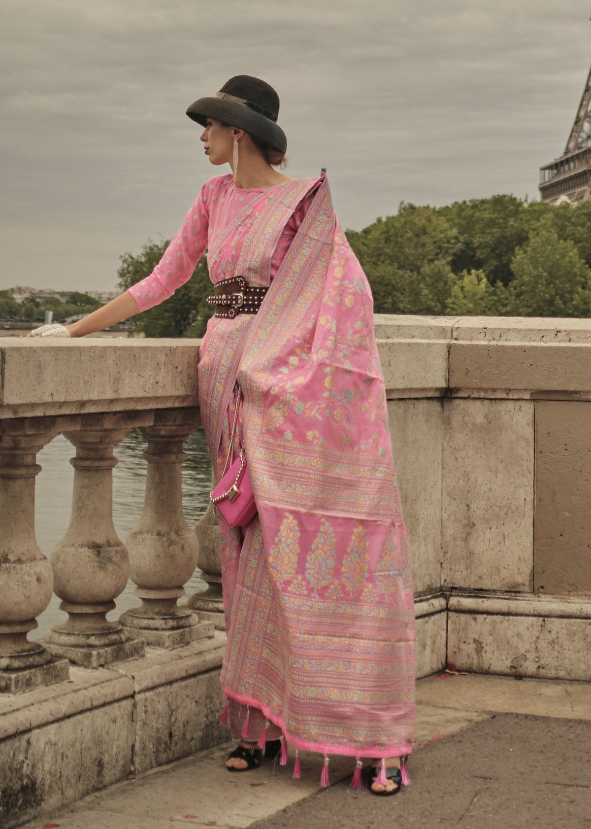 Pink Kashmiri organza handloom saree with intricate motifs for weddings, receptions, festive occasions, and Bollywood‑inspired styling