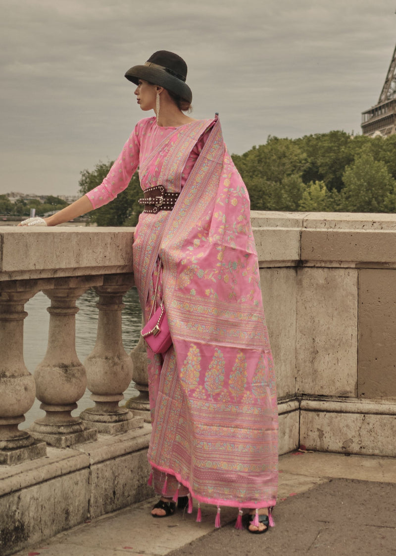 Pink Kashmiri organza handloom saree with intricate motifs for weddings, receptions, festive occasions, and Bollywood‑inspired styling