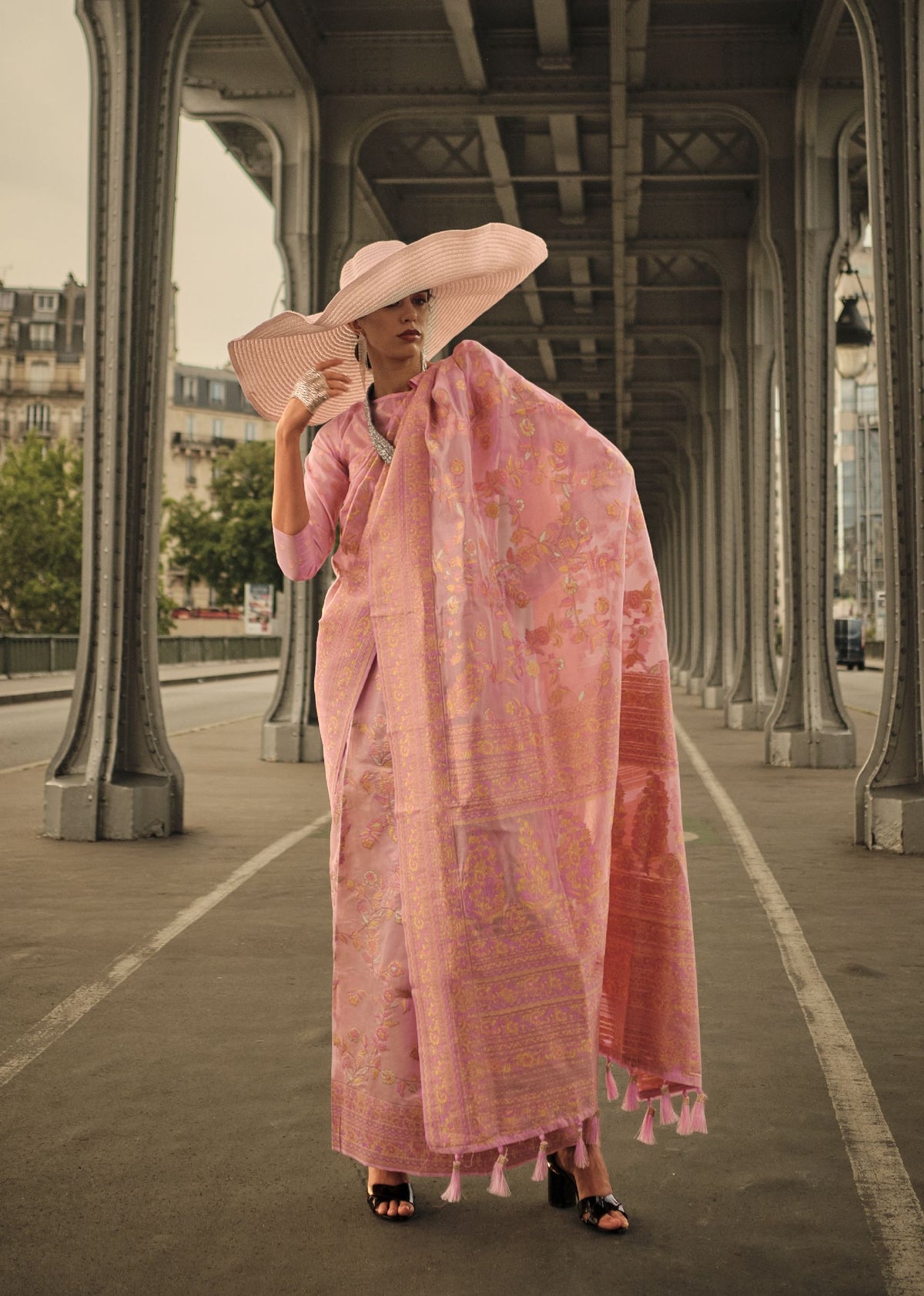 Peach Kashmiri organza handloom saree with fine handloom detailing, perfect for festive events, parties, and Bollywood fashion looks