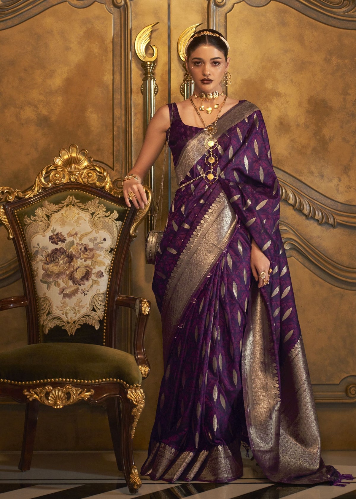 Soft satin saree in rich colours, perfect for festive and special‑occasion styling. PURPLE 