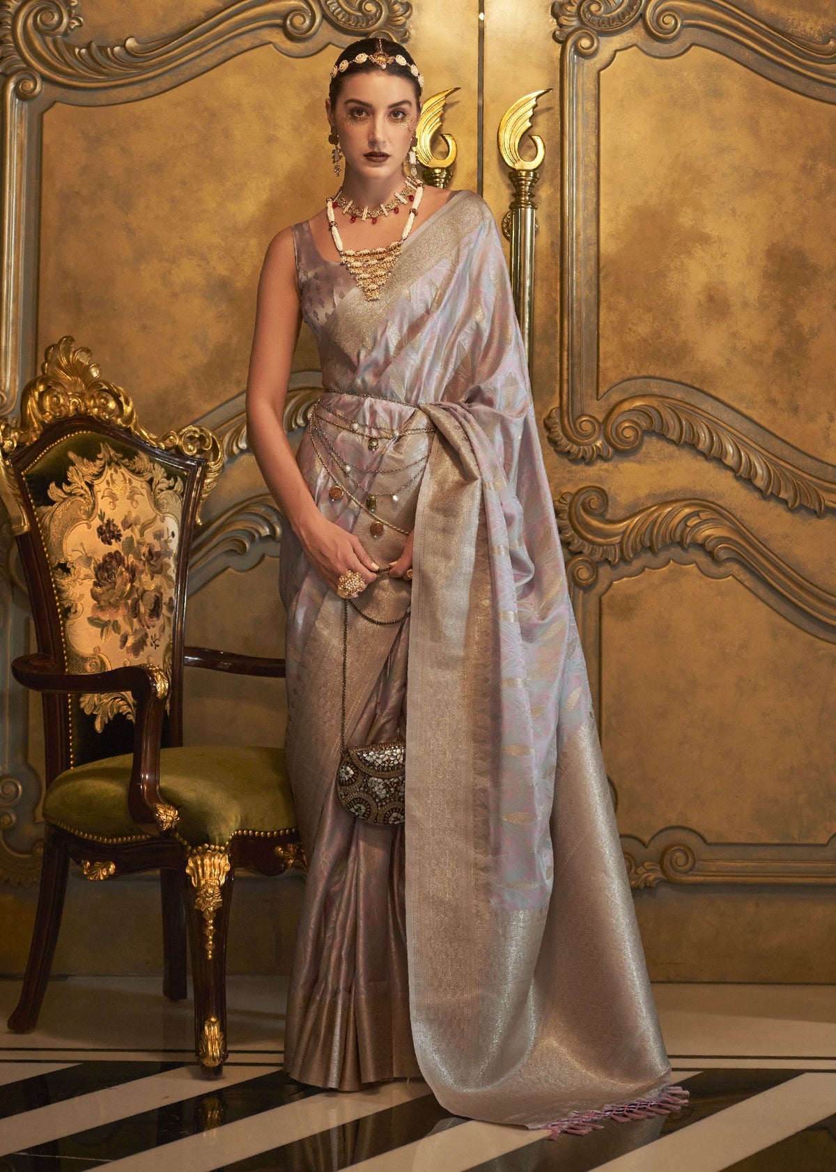 Smooth satin saree with a glossy finish, ideal for weddings and festive wear, LAVENDER
