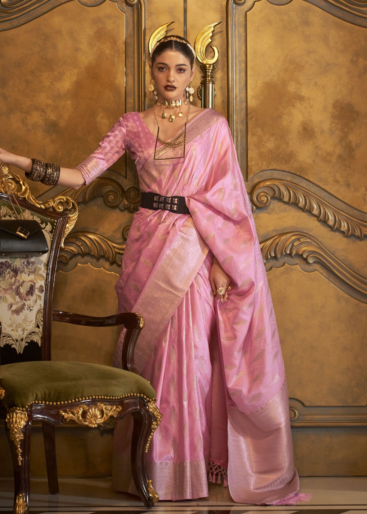pink saree with gold Premium satin saree ideal for wedding functions, receptions, and cultural events