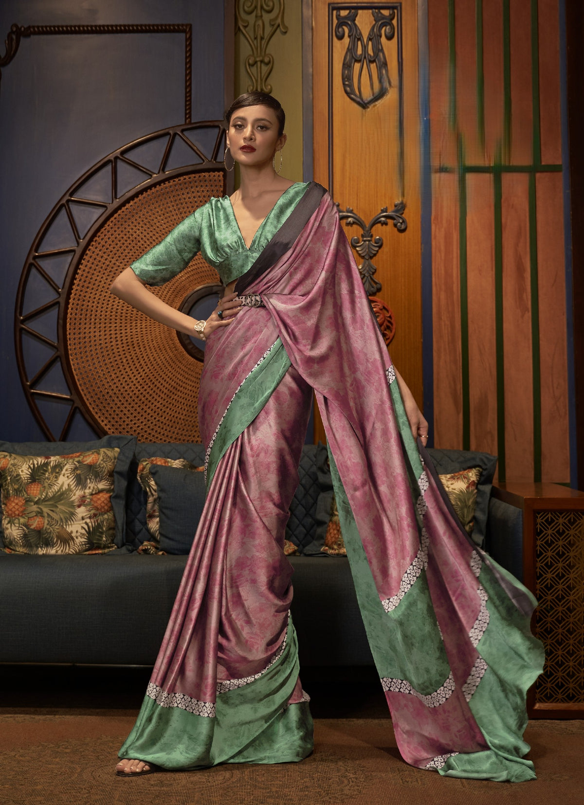 Mauve pink and mint green satin saree with silver embellished border