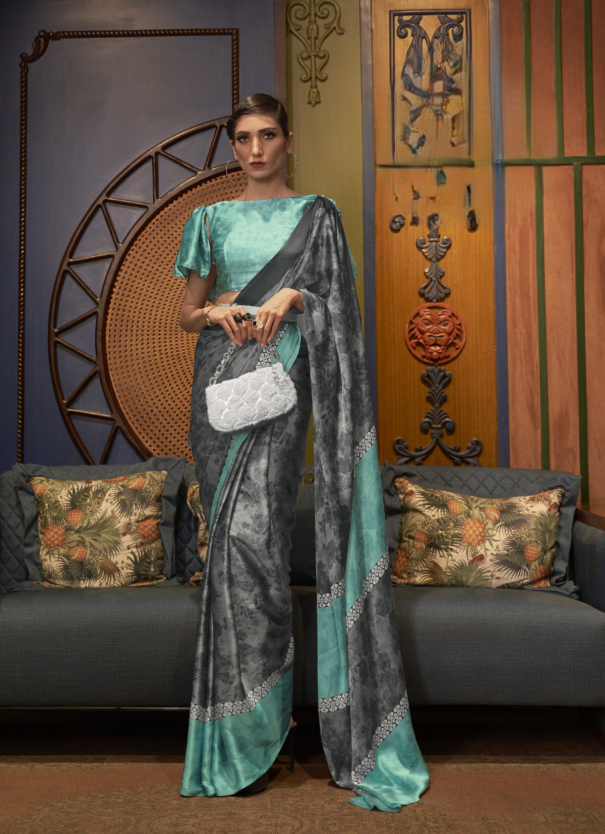 Grey and mint green satin saree with silver embellished border