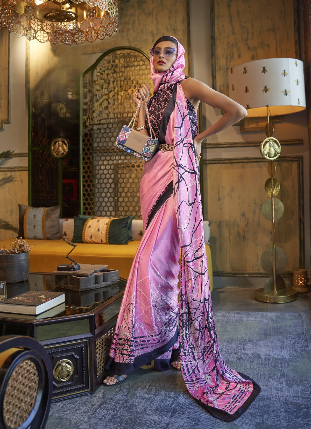 Pink satin saree with black abstract line print - contemporary design