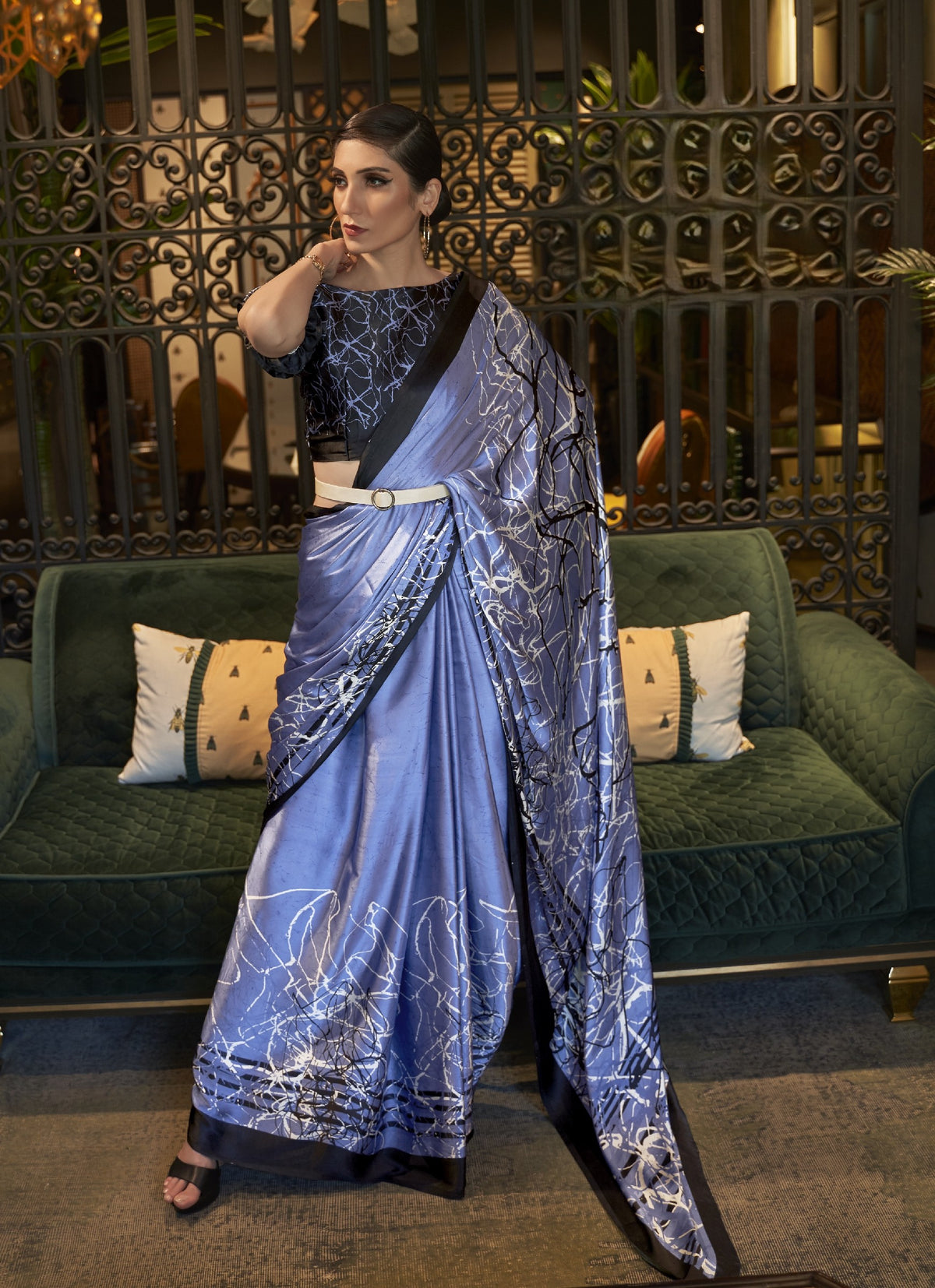 Blue grey satin saree with black abstract floral print and border