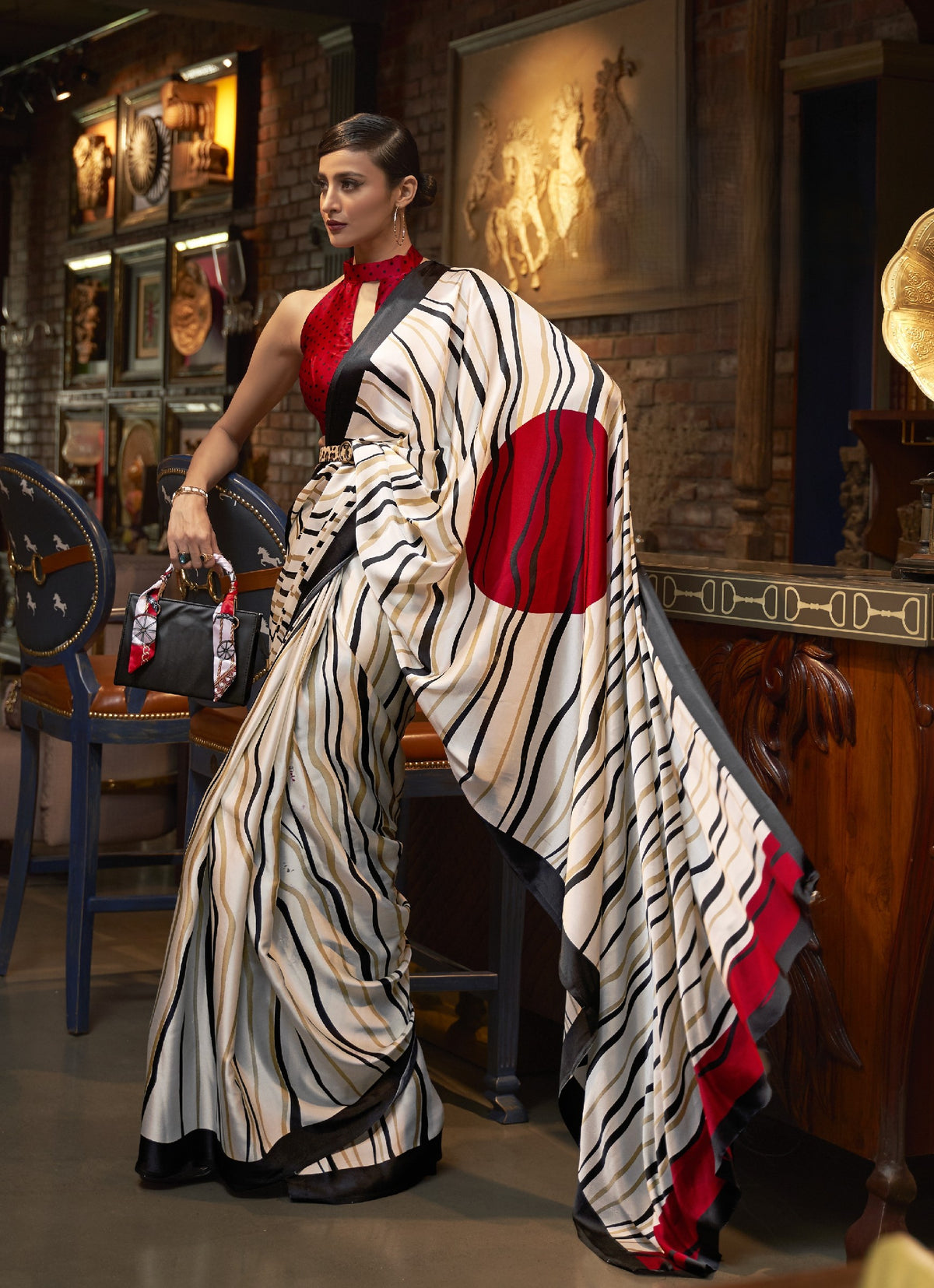 Ivory and red geometric striped saree with black border - contemporary design perfect for party cocktails 