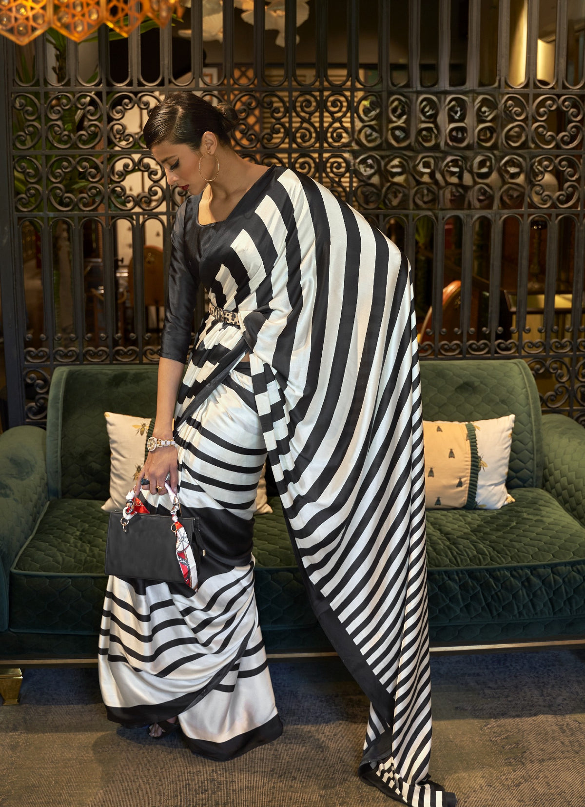 Black and white striped satin saree - back drape view