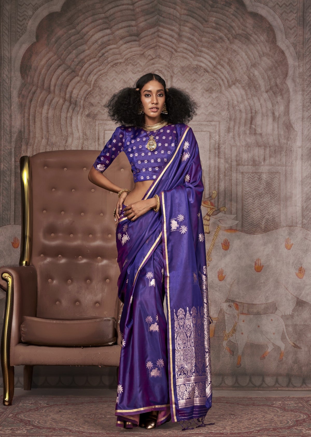 Royal purple silk saree with silver zari floral motifs and Banarasi border - bridal collection