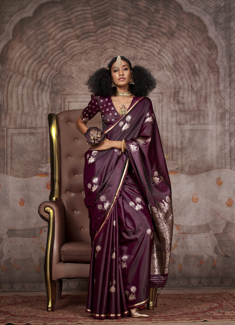 Wine burgundy silk saree with silver zari floral motifs and Banarasi pallu - wedding saree