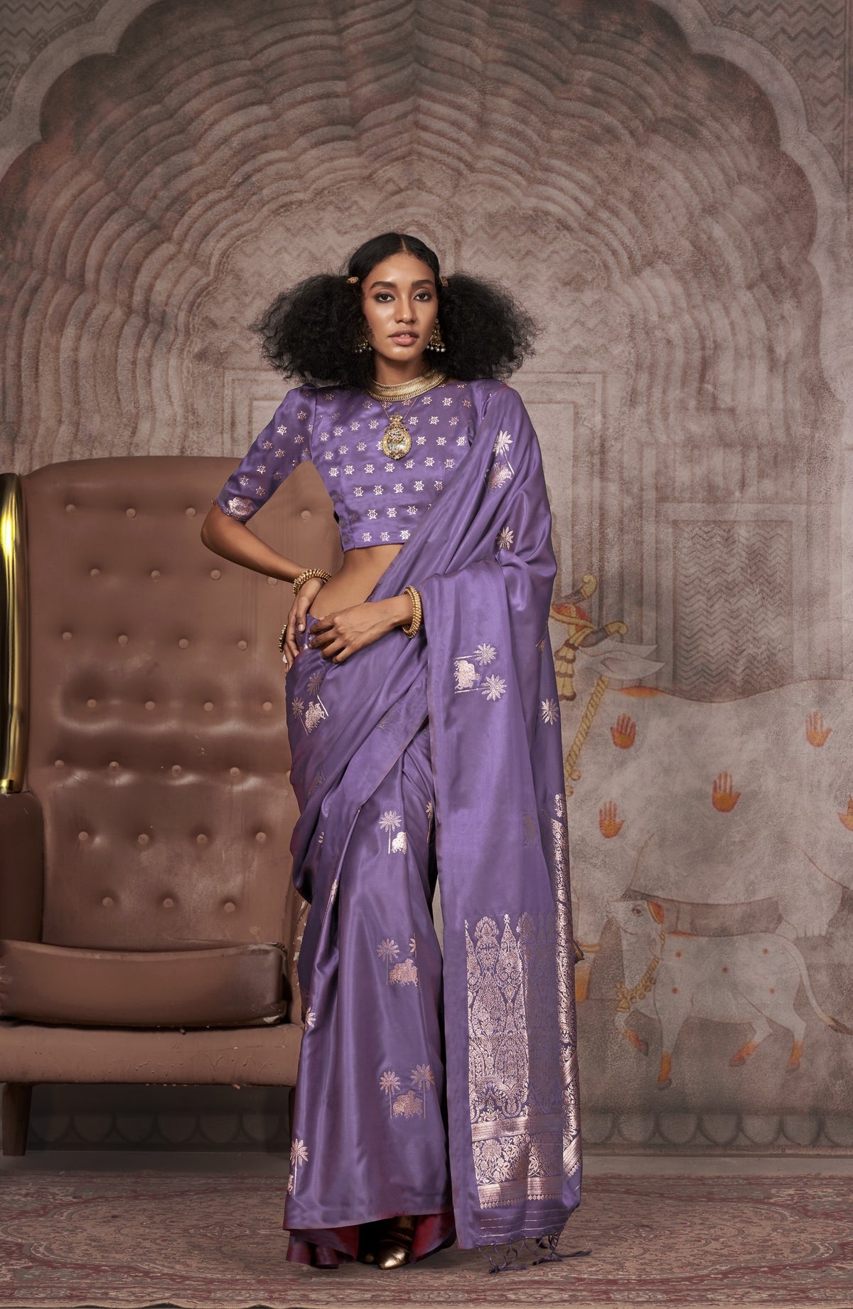 Lavender purple silk saree with silver zari floral motifs and Banarasi pallu - festive saree