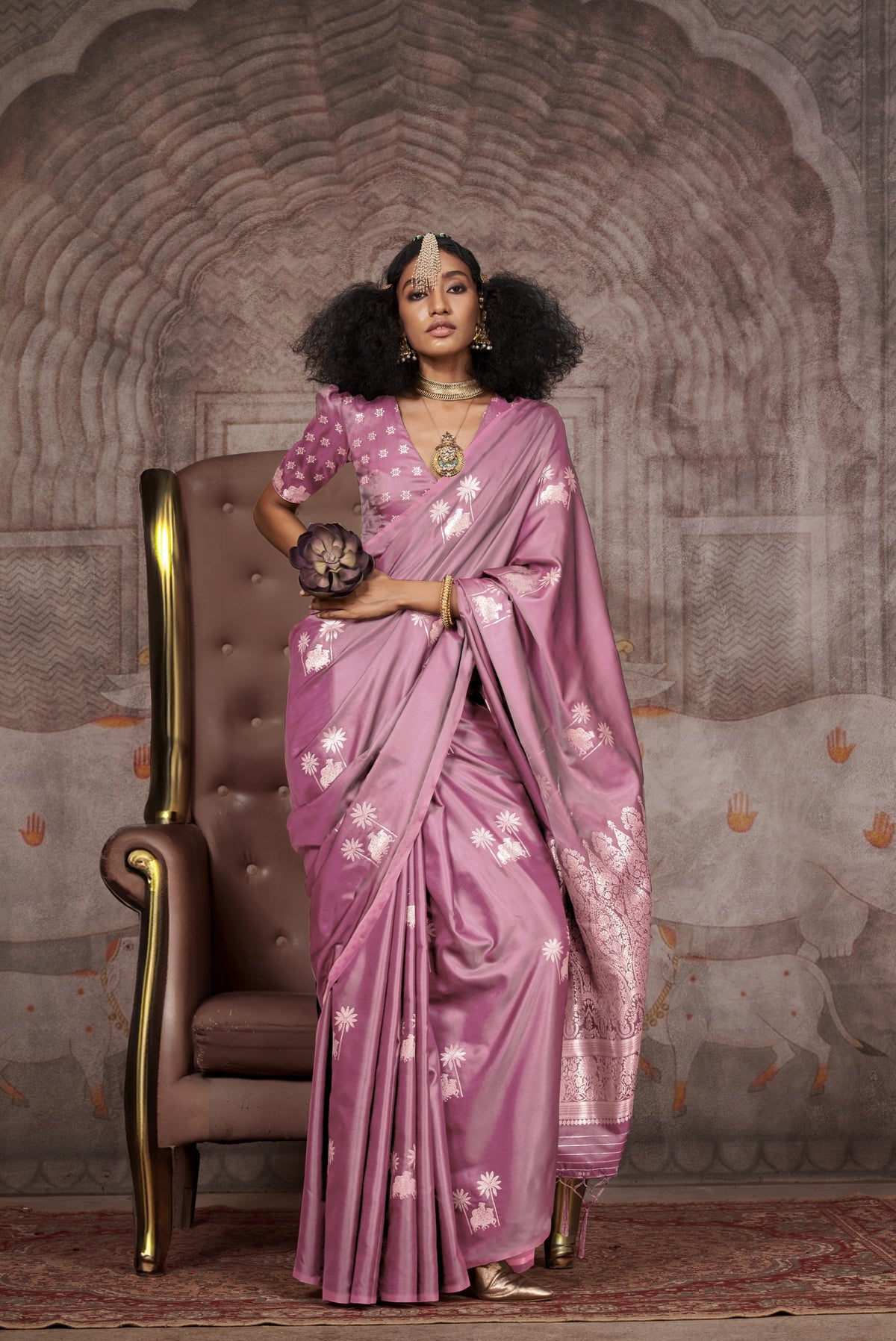 Mauve pink silk saree with silver zari floral motifs and Banarasi pallu - bridal collection
