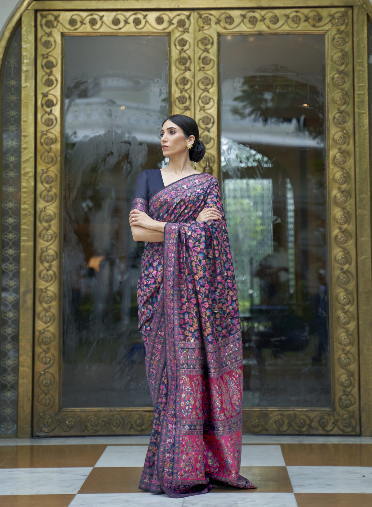Navy blue silk saree with pink and multicolor Kashmiri embroidery - full drape view