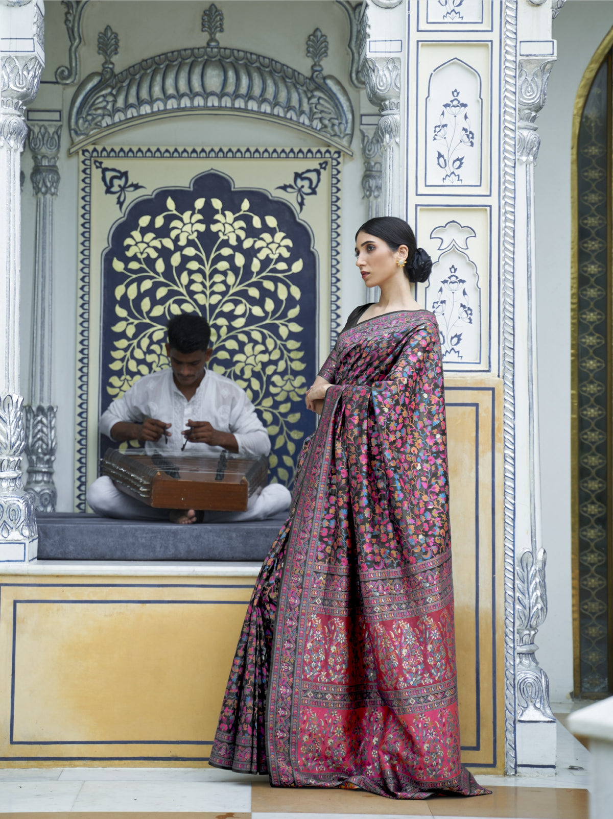 Navy blue Kashmiri embroidered silk saree - side drape with embroidery detail
