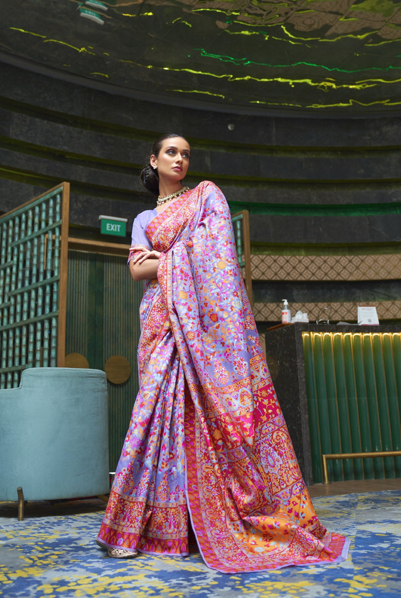 Lavender pink silk saree with multicolor floral embroidery - full drape view