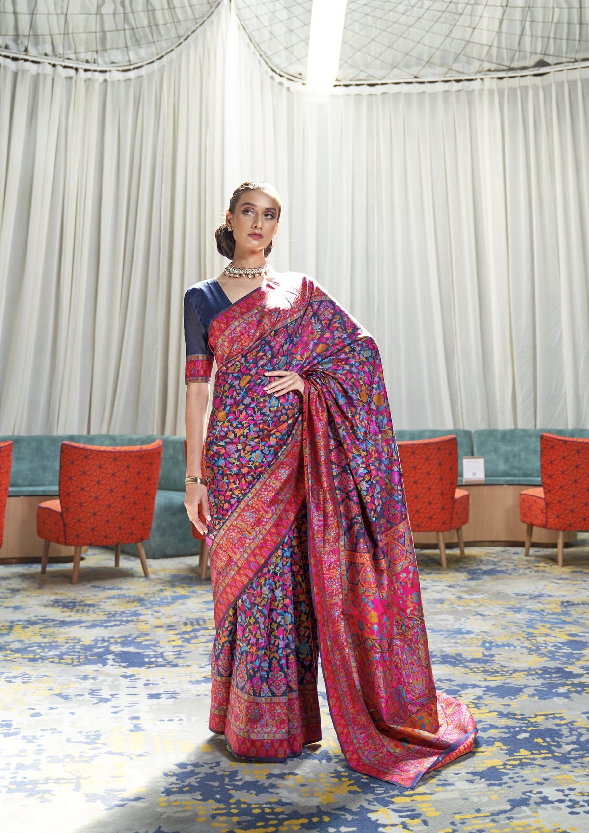 Navy blue silk saree with multicolour floral Kashmiri embroidery - wedding saree