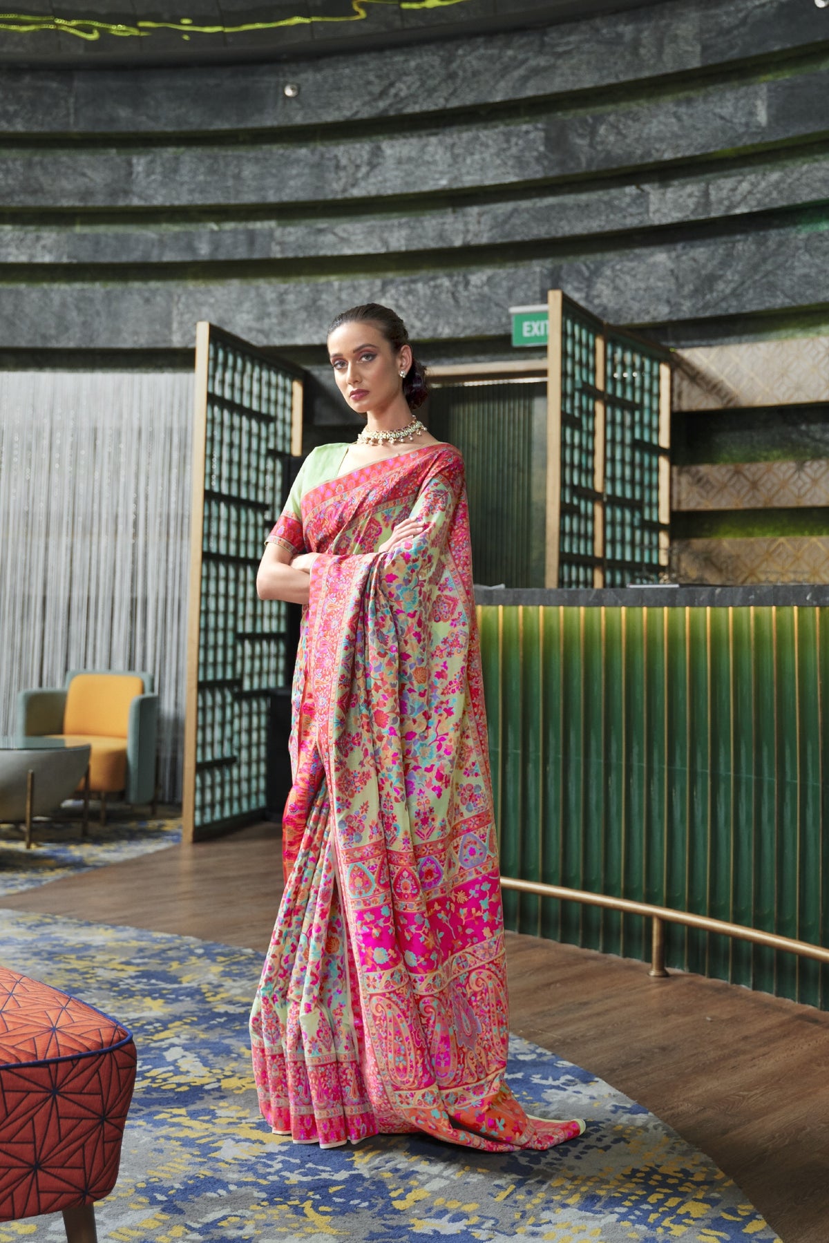 Pink silk saree with multicolour floral embroidery - side drape view
